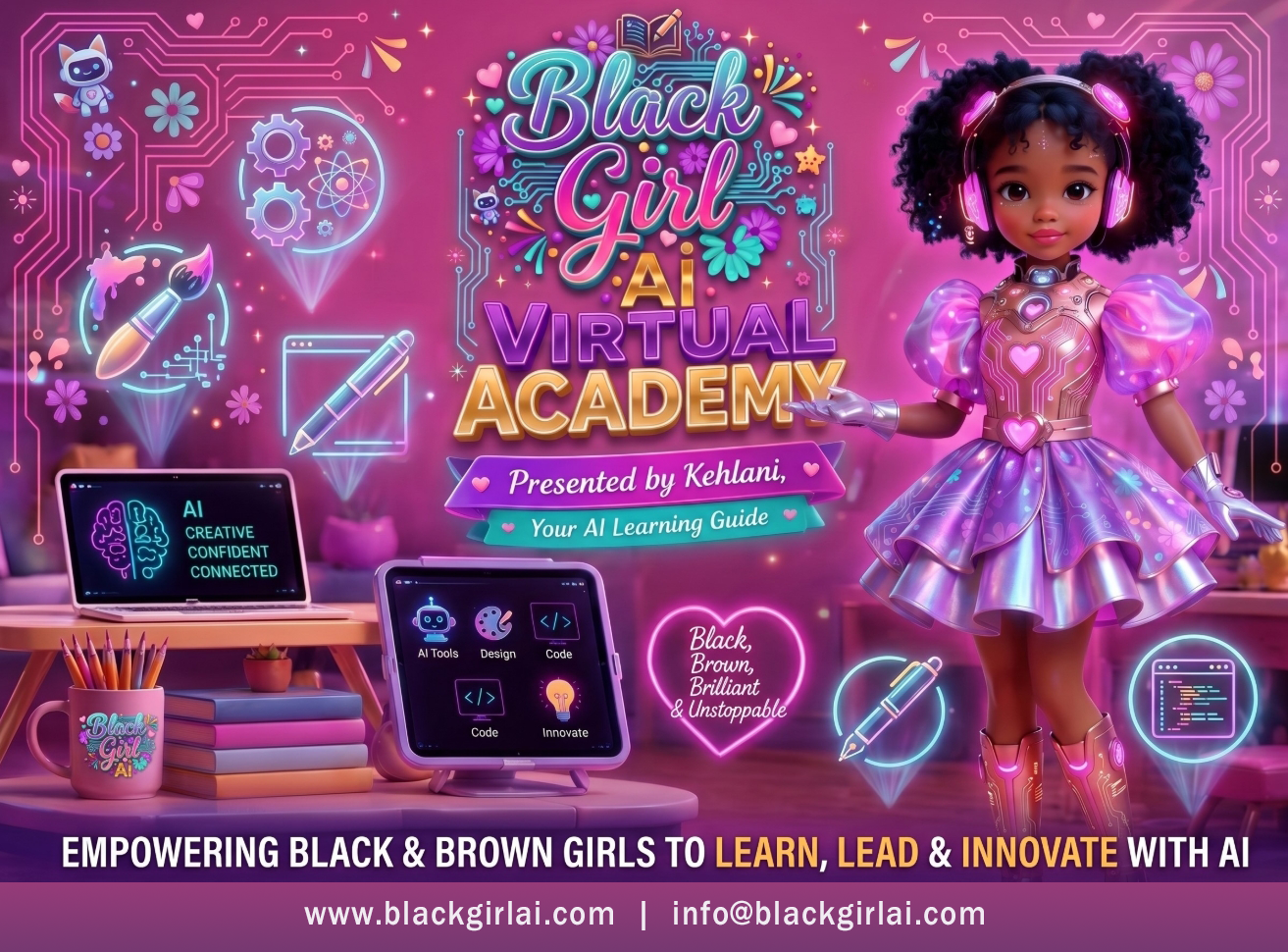 Black Girl Ai Virtual Academy promotional artwork featuring Kehlani