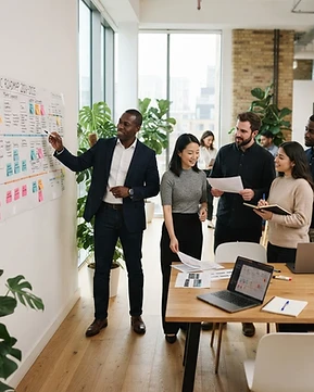 Diverse team collaborating on a strategic roadmap