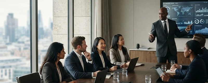 Black male executive leading a strategy session with a diverse team