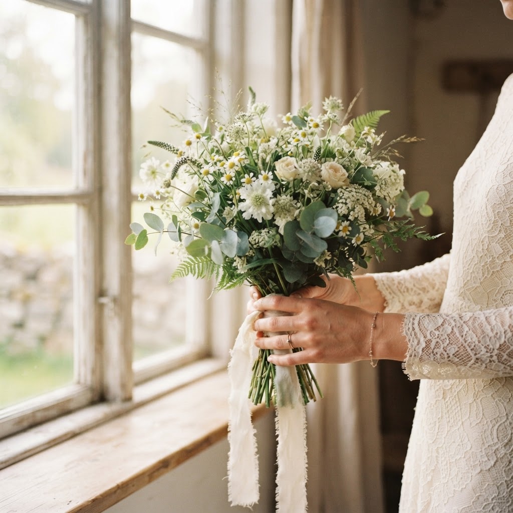 Bride's hands holding a delicate wildflower bouquet in soft morning light