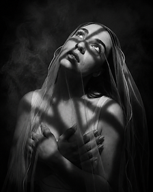 Black and white portrait of a woman draped in a veil with tree-shadow light