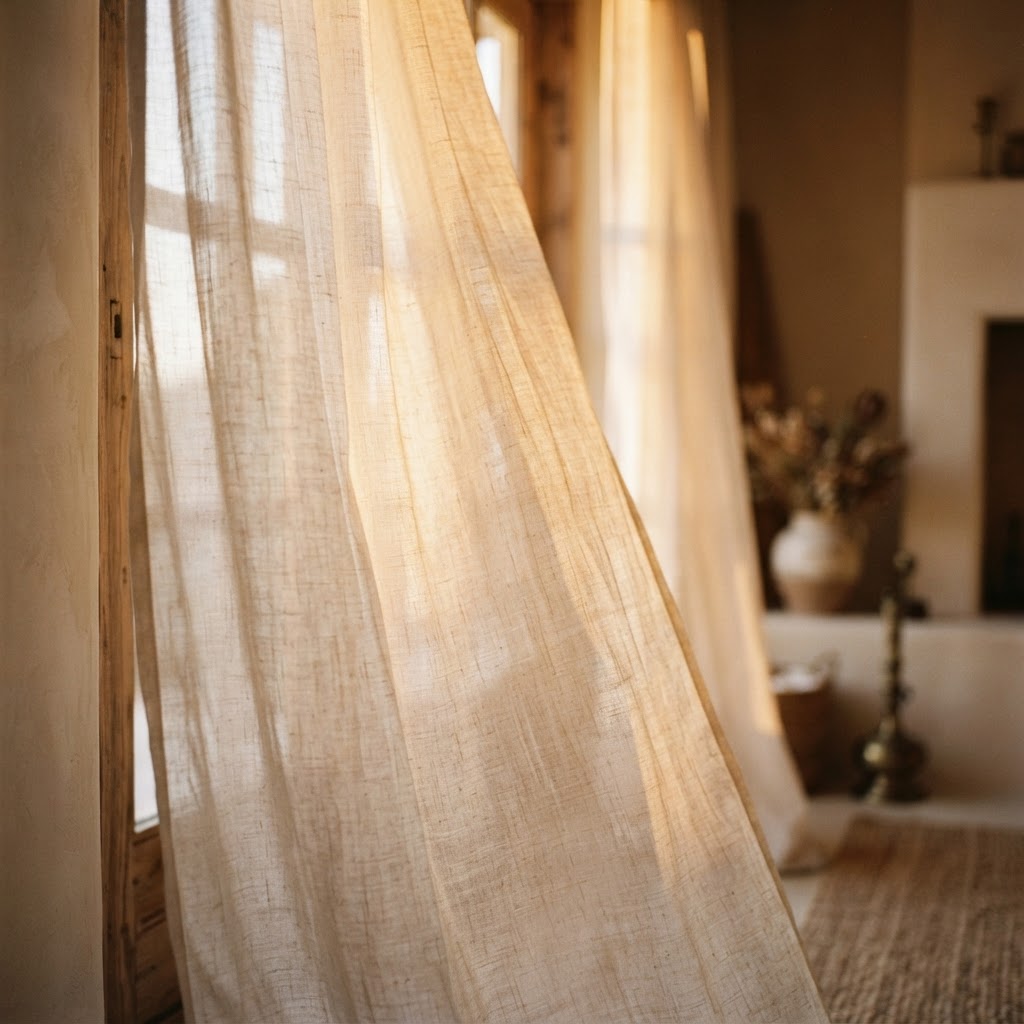 Golden light filtering through sheer linen curtains in a dreamy warm glow