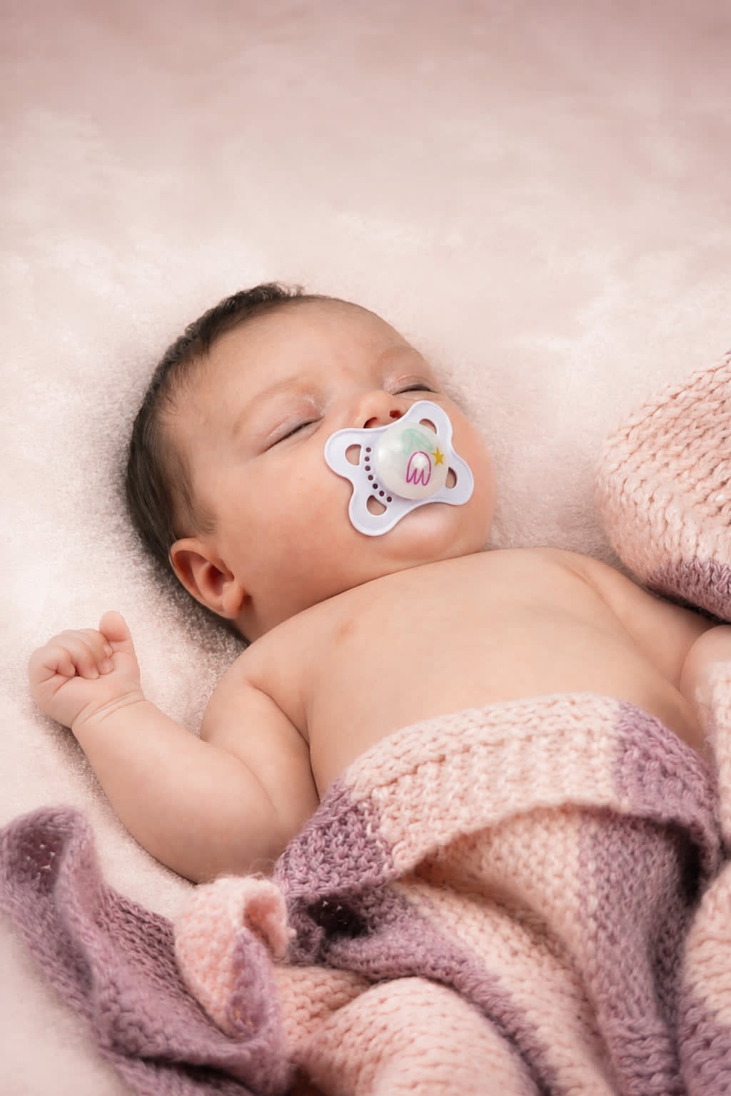 A newborn baby sleeping peacefully, wrapped in a soft pink and lavender knit blanket