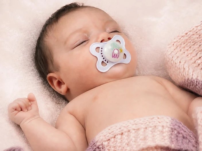 A newborn baby sleeping peacefully, wrapped in a soft pink and lavender knit blanket