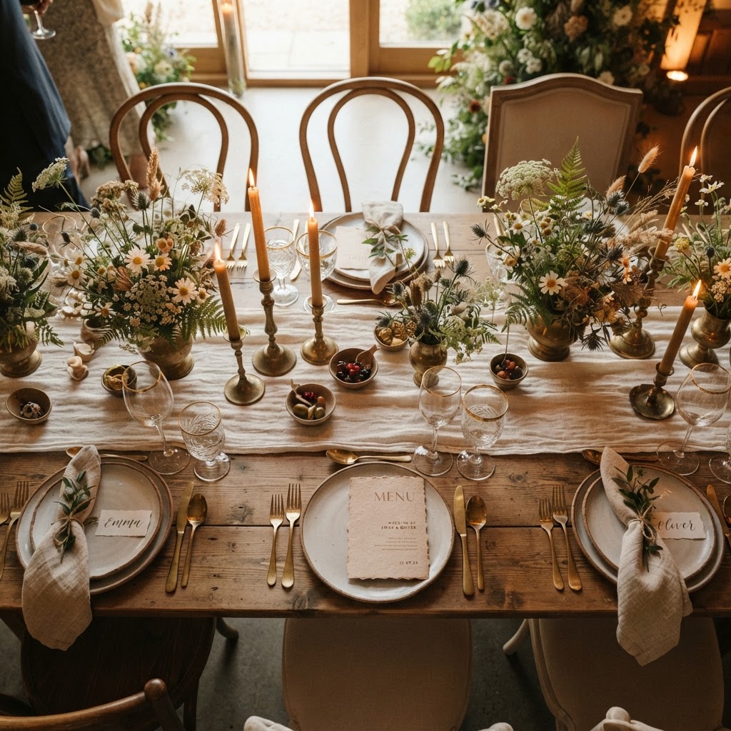 An elegant wedding reception table setting with candles and wildflowers