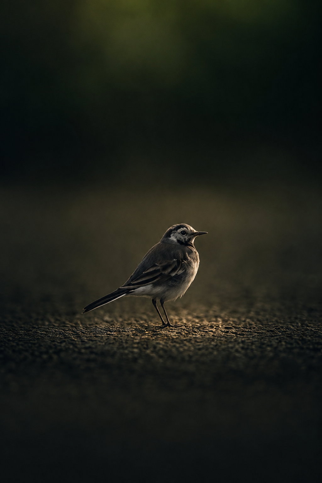 A white wagtail bathed in golden-hour light on a dark path