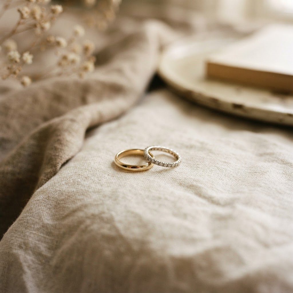 Wedding rings resting on soft cream linen in warm natural light