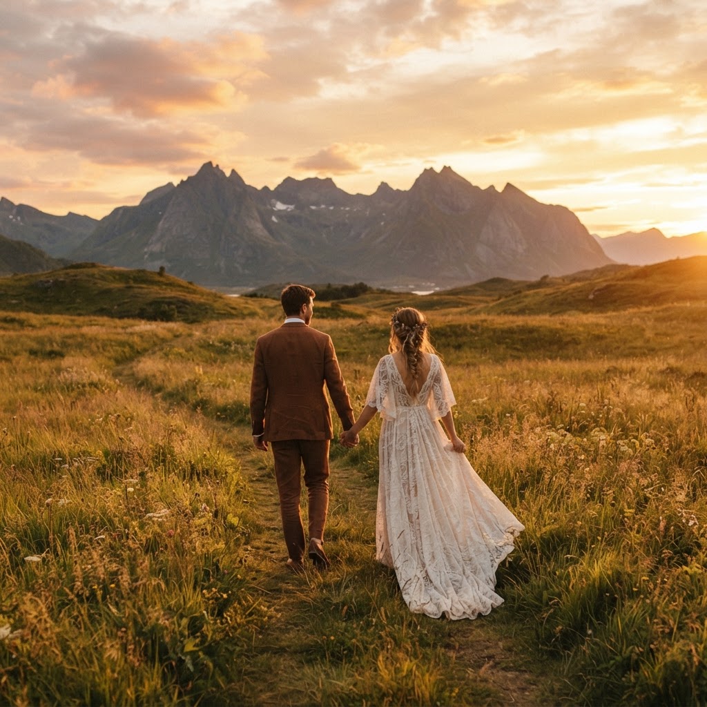A couple walking hand in hand through a golden Norwegian meadow at sunset