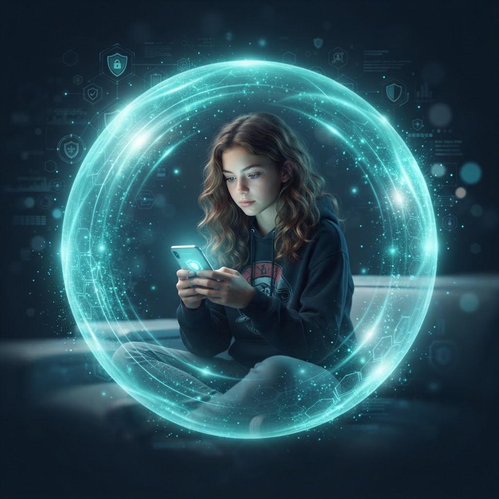Emma's iPhone protected inside a glowing Guardian safety bubble