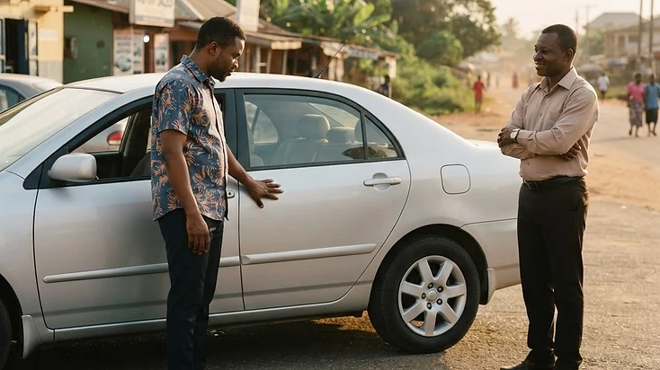 Used car buyer inspecting a vehicle before purchase in Asaba