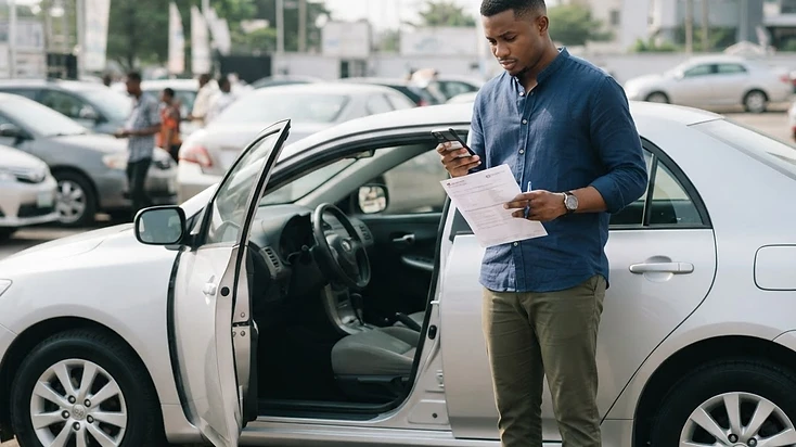 Used car buyer checking vehicle details before payment in Nigeria