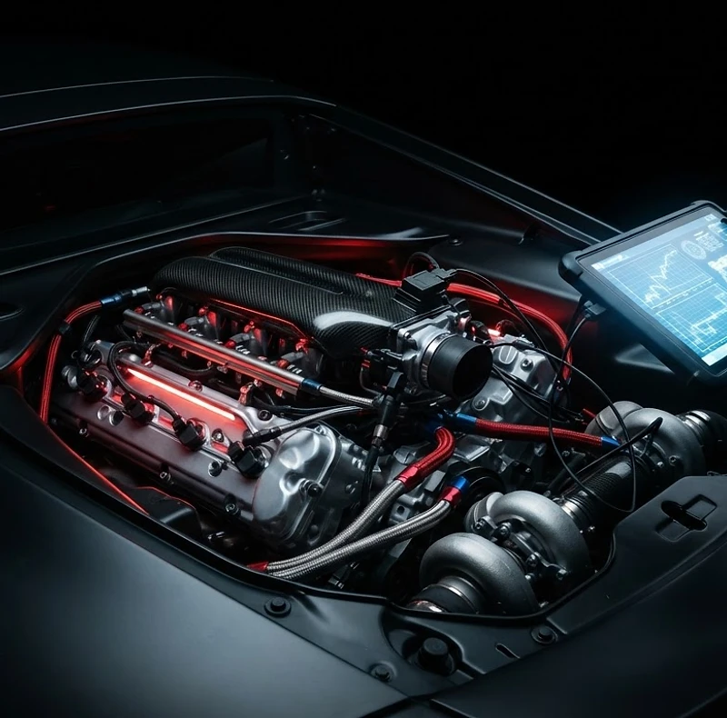 Engine bay under diagnostic analysis