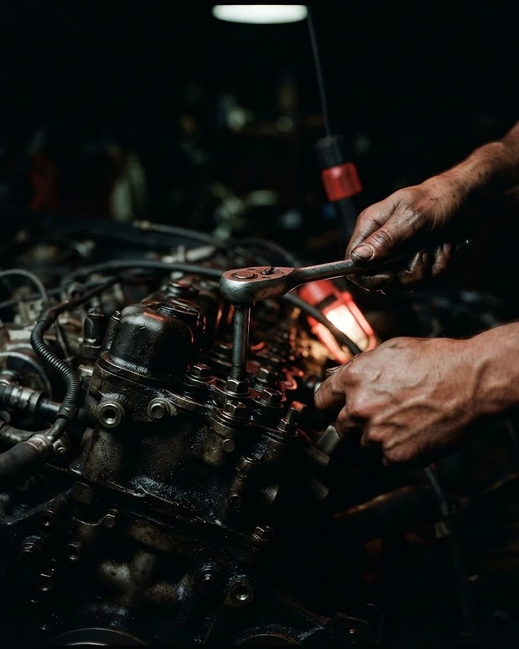 Mechanic hands at work on an engine