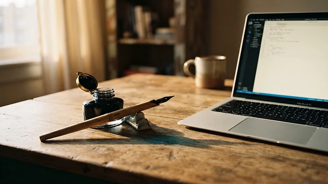 Reed pen and inkwell beside a modern laptop on a wooden desk