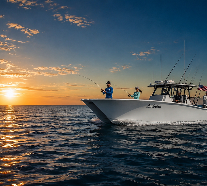 La Bella charter boat fishing on the open water at sunrise