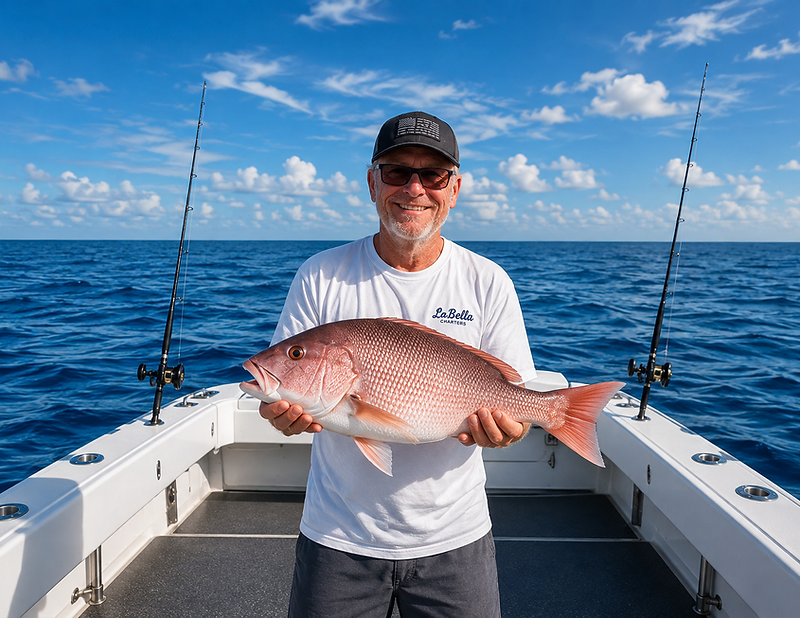 Captain Blake Reynolds holding a red snapper