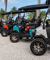 Four golf carts in a diagonal row