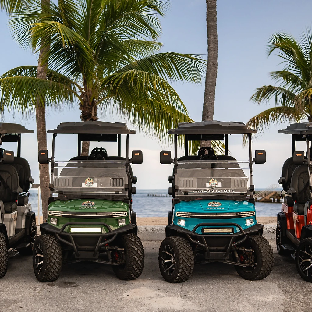 Four Paradise Rentals golf carts parked by the beach