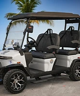 White Denago golf cart at the beach