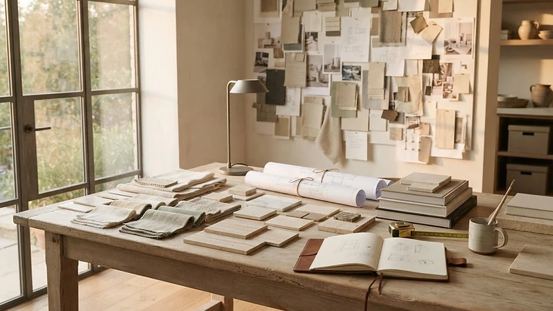 Summerlin Design studio with material samples and blueprints