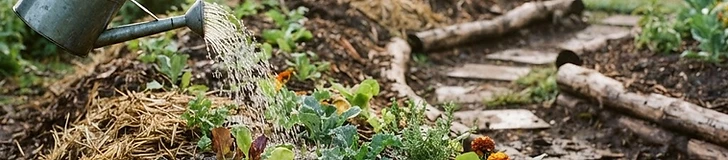 A close-up view of a gardener planting a small vegetable seedling into the rich, dark soil of a hugelkultur mound with straw mulch visible around the base.