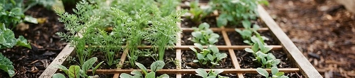 A top-down view of a raised wooden garden bed divided into a grid, showing rows of young radish and carrot seedlings sprouting from the dark, rich soil.