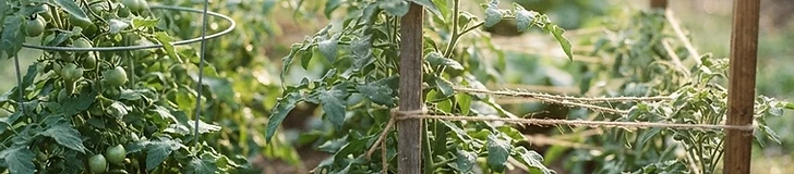 A close-up of a gardener tying a tomato plant stem to a sturdy wooden garden stake with soft green twine.