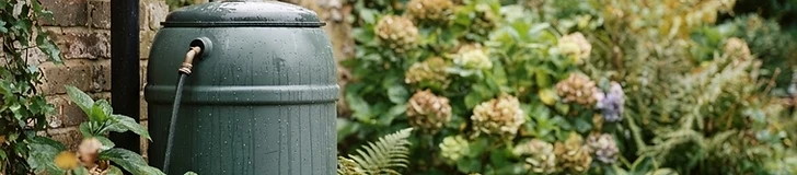 A close-up of a green plastic rain barrel positioned under a white residential downspout with a leafy garden in the background.