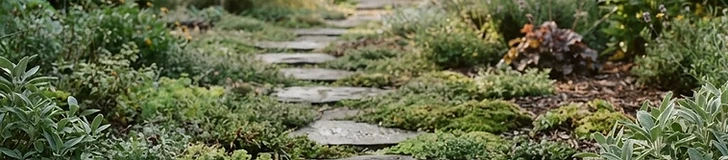 A winding path made of grey flagstone pavers set into a bed of fine gravel, surrounded by diverse native perennial plants.