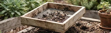 A pair of hands using a wooden-framed wire mesh screen to sift dark, rich compost into a metal wheelbarrow.