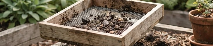 A pair of hands using a wooden-framed wire mesh screen to sift dark, rich compost into a metal wheelbarrow.