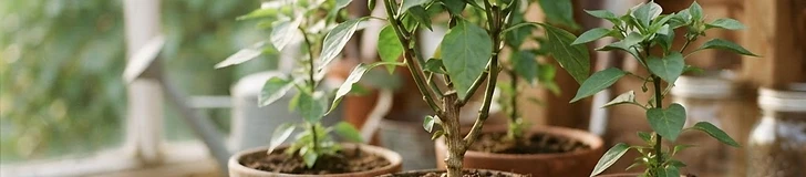 A gardener carefully pruning a pepper plant in a clay pot before moving it indoors for the winter season.