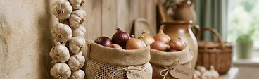 A collection of hand-woven garlic braids and mesh bags filled with cured yellow onions hanging against a rustic wooden wall.