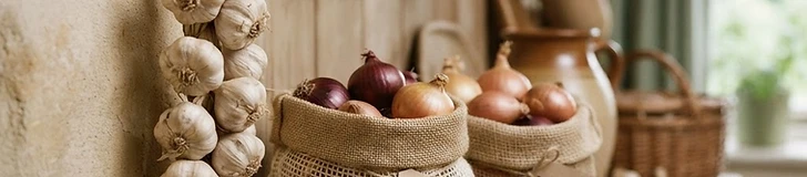 A collection of hand-woven garlic braids and mesh bags filled with cured yellow onions hanging against a rustic wooden wall.