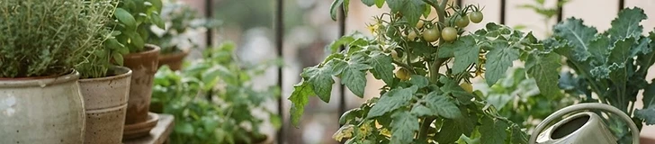 A close up view of a hand pouring liquid fertilizer from a watering can into the base of a tomato plant in a large terracotta pot.