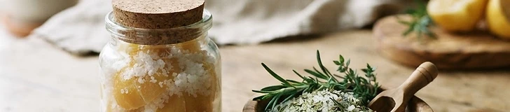 A glass jar of salt-cured preserved lemons beside a wooden bowl of green herb salt with rosemary and thyme sprigs on a worn table.