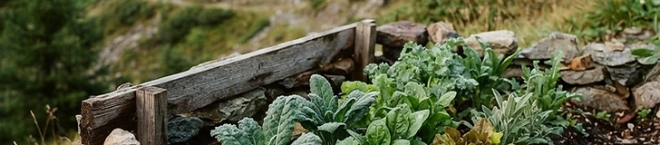 A raised garden bed with straw mulch surrounded by low wooden lattice fencing in a mountainous backyard setting.