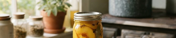 Several glass mason jars filled with pickled cucumbers and bright red jam sitting on a wooden kitchen counter next to a large boiling water pot.