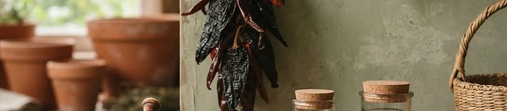 A collection of vibrant red cayenne peppers tied together with twine into a drying ristra, hanging against a rustic wooden garden shed wall.