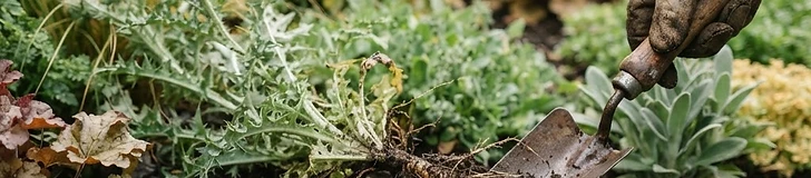 A close-up view of a gardener using a metal hori-hori knife to carefully lift a deep dandelion taproot out of moist, dark garden soil.