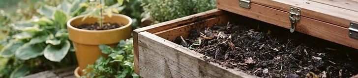 A large, dark wooden worm composting bin resting on soil in a shaded garden corner under a leafy tree.