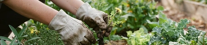 A close-up shot of a gardener's hands applying a layer of dark, organic wood chip mulch around the base of a young vegetable plant in a raised bed.