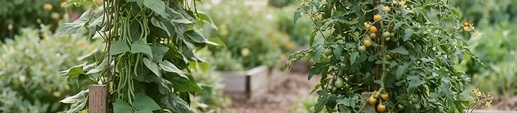A sturdy arched cattle-panel trellis covered in lush green bean vines and ripening tomatoes in a sunny backyard garden.