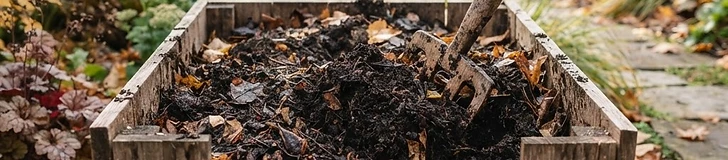 Finished compost with leaves and coffee grounds in a cedar bin.