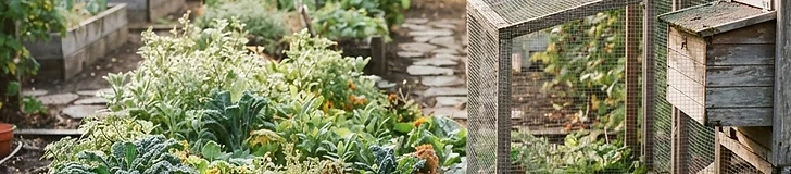 A backyard garden with a small wooden chicken coop near a raised vegetable bed and a row of berry bushes.