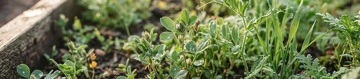 A close-up of a hand gently brushing soil aside to reveal healthy plant roots and organic mulch in a raised garden bed.
