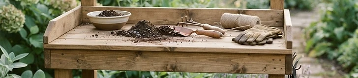 A wooden potting bench with a lower shelf, hanging garden tools on a pegboard, and terracotta pots arranged on the surface.