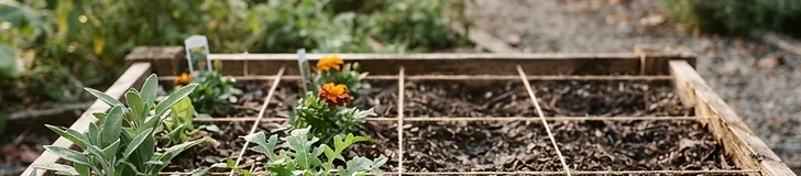 Close up of a gardener mixing dark, rich organic soil with a hand trowel inside a wooden raised garden bed.
