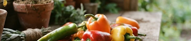 A close-up view of freshly harvested, vibrant red and green bell peppers sitting in a clean, wooden garden harvest basket on a sunny patio table.