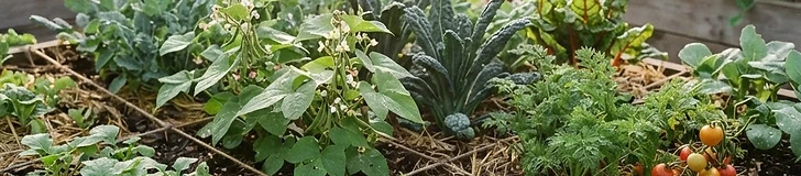 A close-up view of a raised wooden garden bed divided into a grid, showing small seedlings next to larger, mature plants being harvested.